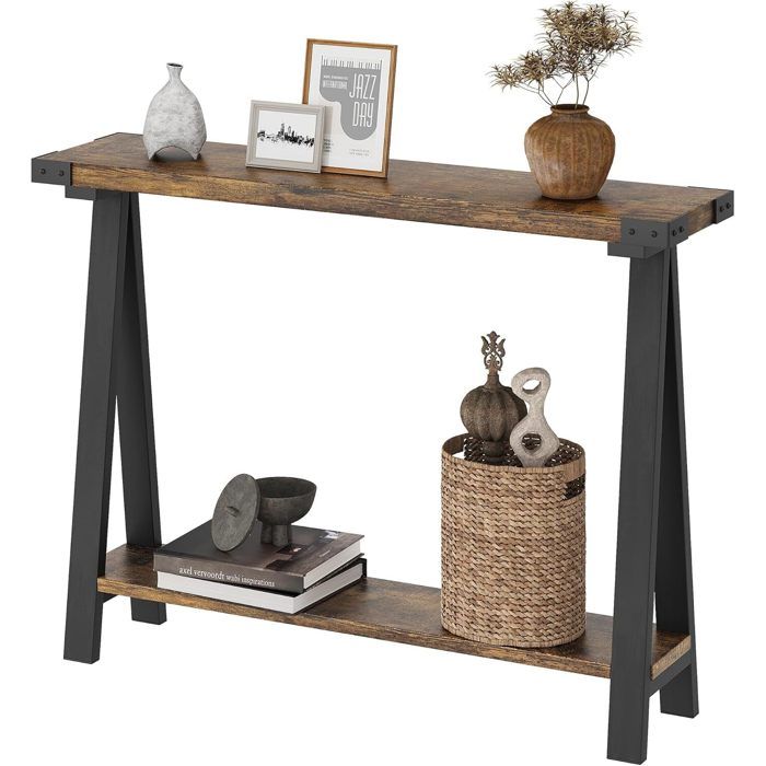 Table Console étroite Console Meuble 2 Niveaux Style Ferme Étagère de Rangement Ouverte pour Salon entrée Couleur rétro