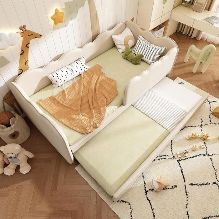 Lit banquette - KOMHTOM - 90x190 cm - Lit gigogne - Sommier à lattes - Dossier rembourré Lit banquette - KOMHTOM - 90x190 cm - Lit gigogne - Sommier à lattes - Dossier rembourré