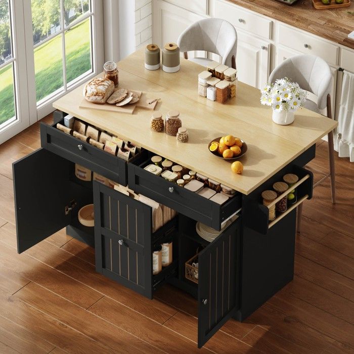 Îlot de cuisine mobile - Plan de travail rabattable - Chariot de service intégré - Armoire de rangement