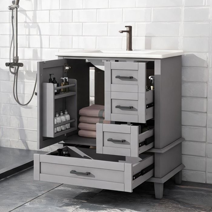 Meuble vasque 76x46x835 cm gris laqué MDF avec vasque céramique intégrée et 3 tiroirs silencieux