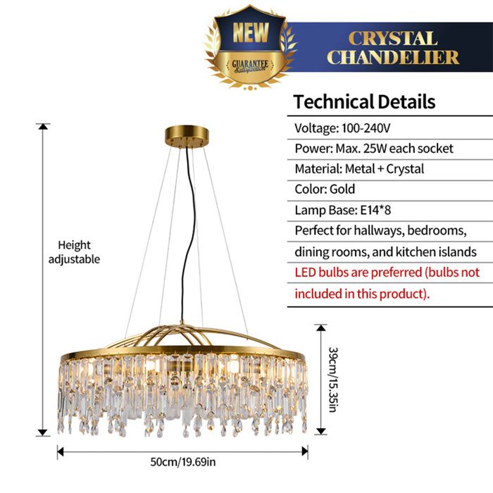 Lustre Rond en Cristal 50 cm Suspension Dorée de Luxe avec Pampilles en Cristal