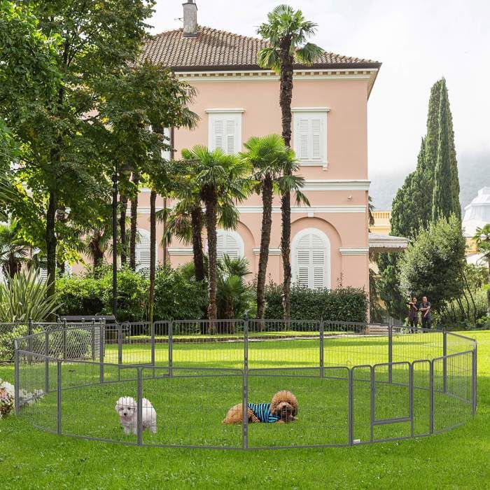 Parc à chiots 16 pièces avec 16 panneaux grillagés porte et bâche de protection hauteur 60 cm intérieur/extérieur