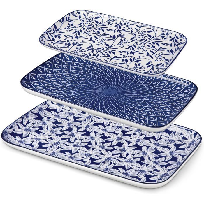 Lot De 3 Assiettes Plates Rectangulaires En Porcelaine-407/36/308 Cm-Style A Chinois Oriental Bleu Et Blanc-Assiette Pour