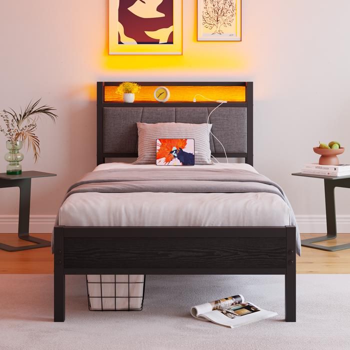 Cadre de lit 90x200cm LED intelligentes tête avec USB plateforme métallique silencieuse sans sommier
