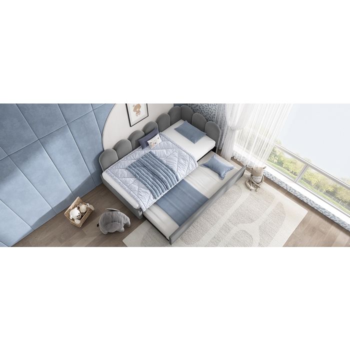 Canapé-lit 90x200cm avec lit gigogne 90x190cm velours gris sans matelas