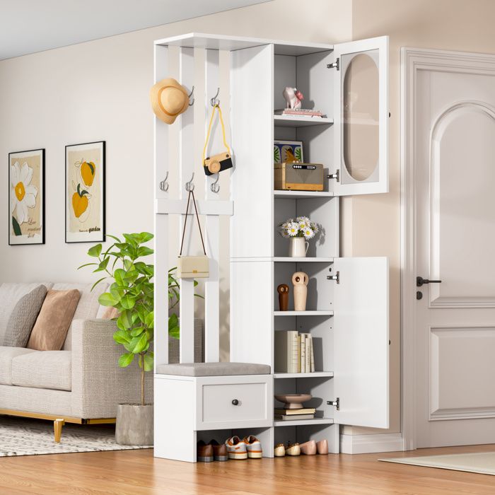 Meuble DEntree Blanc 2 Placards Vestiaire Moderne FloraGrace Pour Hall DEntree Banc A Chaussures Avec Coussin 85x33 5x200cm