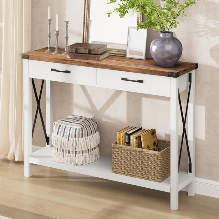 Console compacte 43×12″ cadre métal grain bois industriel ferme tiroirs étagère salon couloir