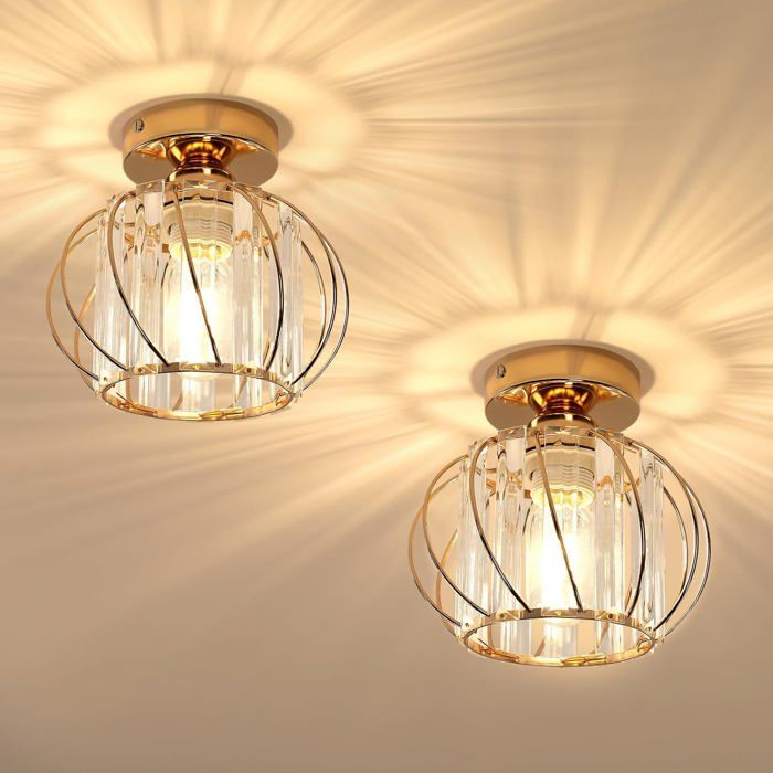 Plafonnier Cristal - Lot de 2 - Métal Doré - Douille E27 - Salon Chambre Couloir - 19x19x18 cm ACCESSOIRES FABRICATION MAISON