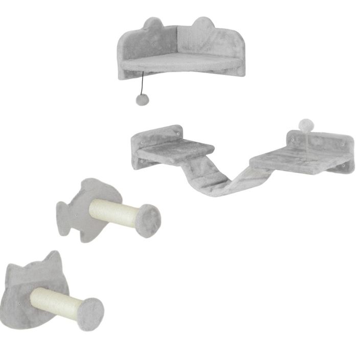 ELVORIN Arbre a chat mural 4 pieces 90 x 26 x 125 cm gris clair plateforme griffoir en sisal peluche a suspendre