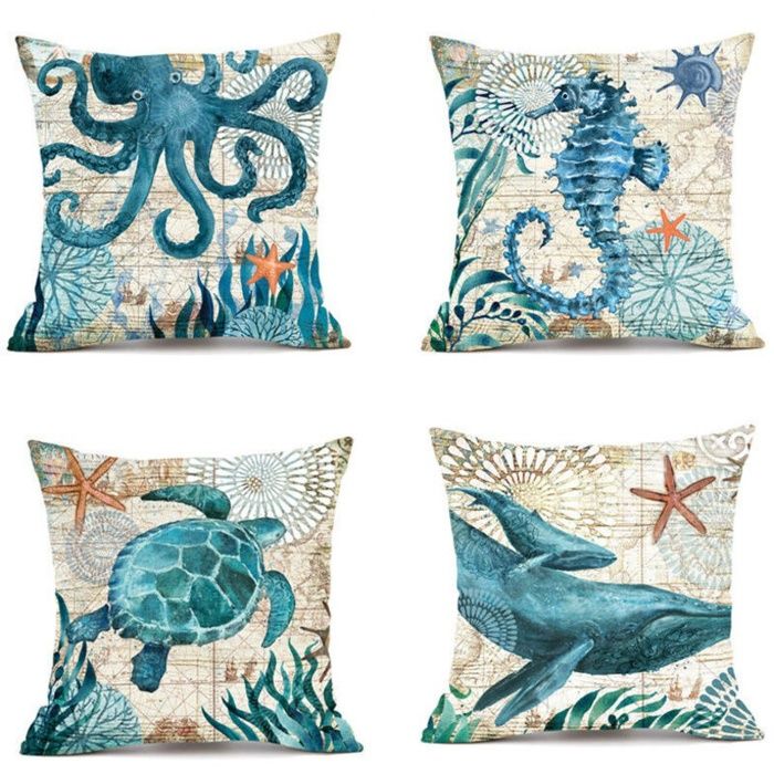 Housse de coussin imperméable 45 x 45cm Lot de 4 Polyester avec fermeture éclair cachée Motif marine pour salon et jardin