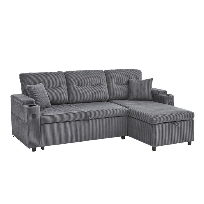 ELVORIN Canapé dangle convertible 3 places 212 5 x 136 x 86 cm corduroy rangement intégré porte-gobelets USB-C gris carbone
