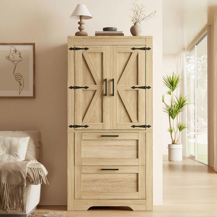 Buffet de cuisine - ZEMINPEOEL - 60x30x128 cm effet bois naturel portes style grange 2 tiroirs étagères réglables