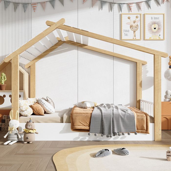 Lit cabane enfant 90x200 cm avec sommier à lattes structure robuste en pin panneaux de particules et MDF - Blanc et naturel