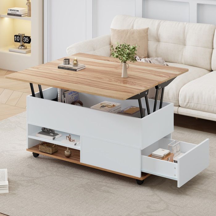 Table basse relevable - FUNMOON - Funmoon - Plateau relevable hydraulique - Blanc et bois naturel - Rangements & roulettes