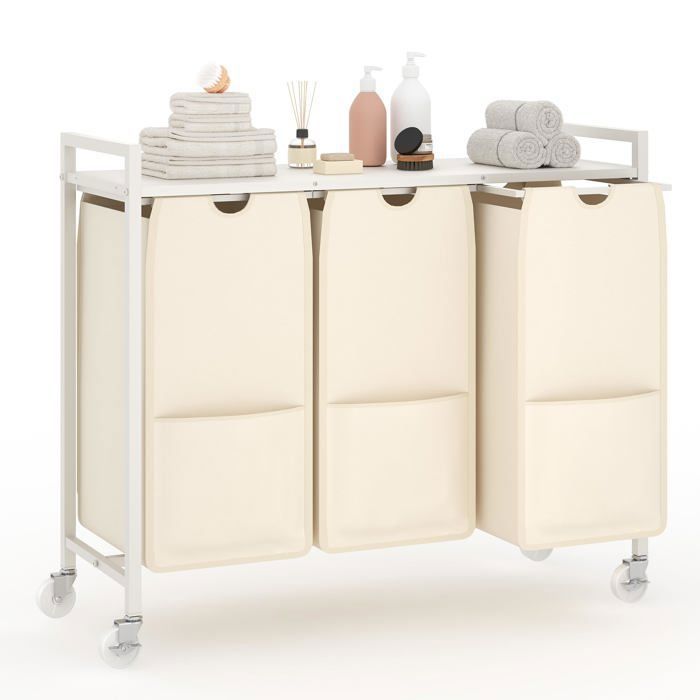 VFCLAR Panier à linge 3 compartiments 120L – Cadre métal étagère 45kg roulettes – Trieur linge pour buanderie chambre-beige