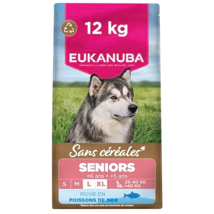 Croquettes chien senior grande race - EUKANUBA - Grain Free Poisson 12 kg - Hypoallergénique - 75% protéines - Prébiotiques