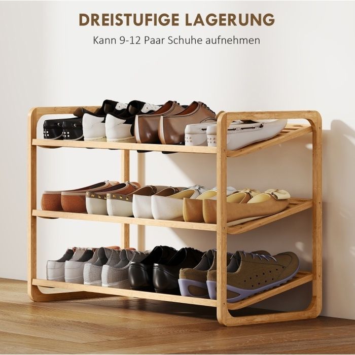 Meuble à chaussures bambou naturel 76 x 33 x 50 8 cm 3 étagères ouvertes 9 à 12 paires 30 kg