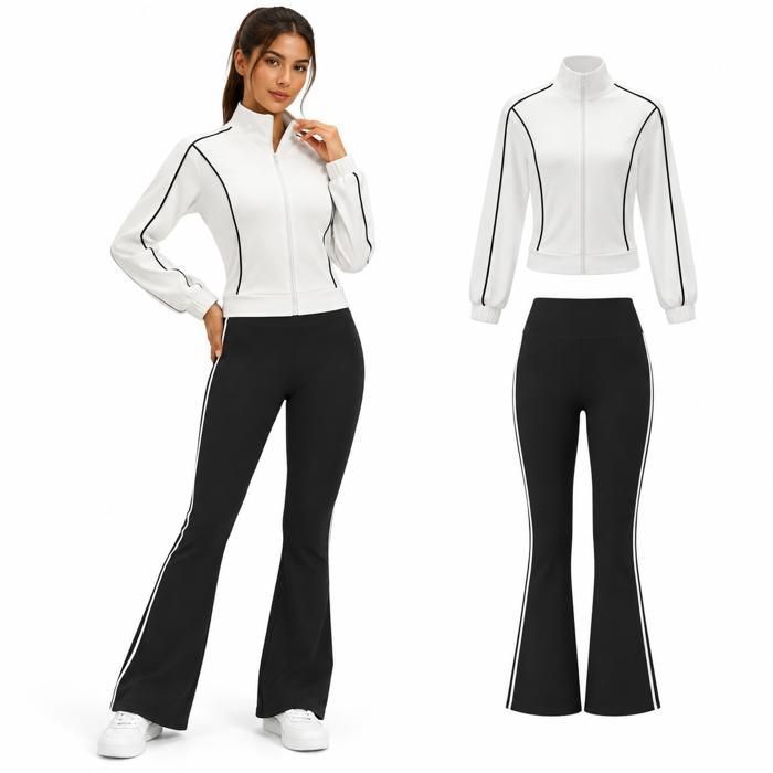 Ensemble sport femme AProsp 2 pièces veste zippée pantalon évasé S-2XL vélo yoga blanc et noir-jx2