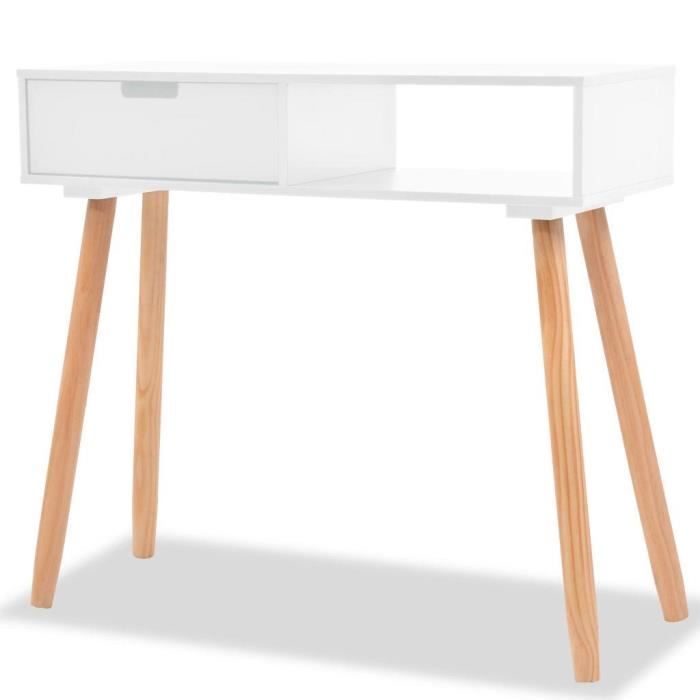 Table console Bois de pin massif avec 1 tiroir Style scandinave 80 x 30 x 72 cm Blanc