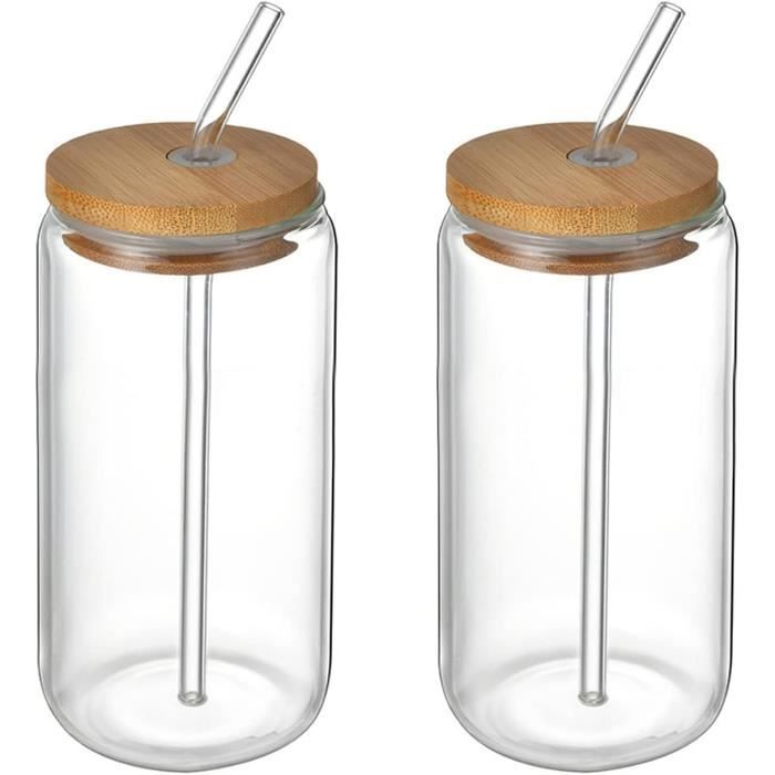 Lot de 2 verres à boire avec couvercles en bambou et paille en verre - 500 ml - En forme de canette - Pour la maison les fêtes