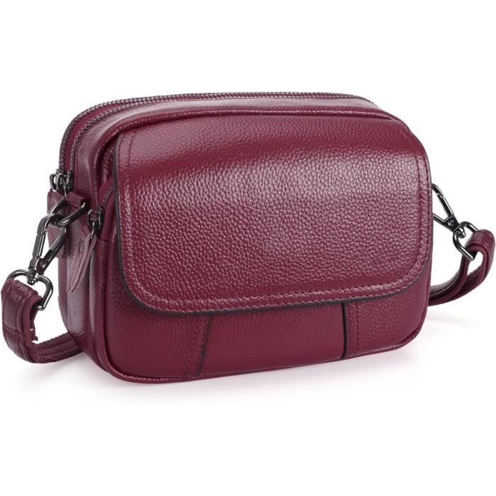Sac Bandouliere Femme en Cuir Veritable Rouge Grande Capacite Poches Zippees Rabat Magnetique