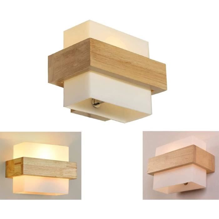 Applique Murale Carrée En Bois Et Verre - Luminaire D'intérieur E27 Pour Salon, Chambre, Couloir (Ampoule Non Fournie)
