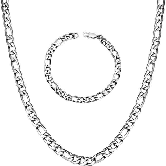 Bracelet homme. Chaîne. Figaro. 7mm. Acier Inoxydable. Couleur Argent