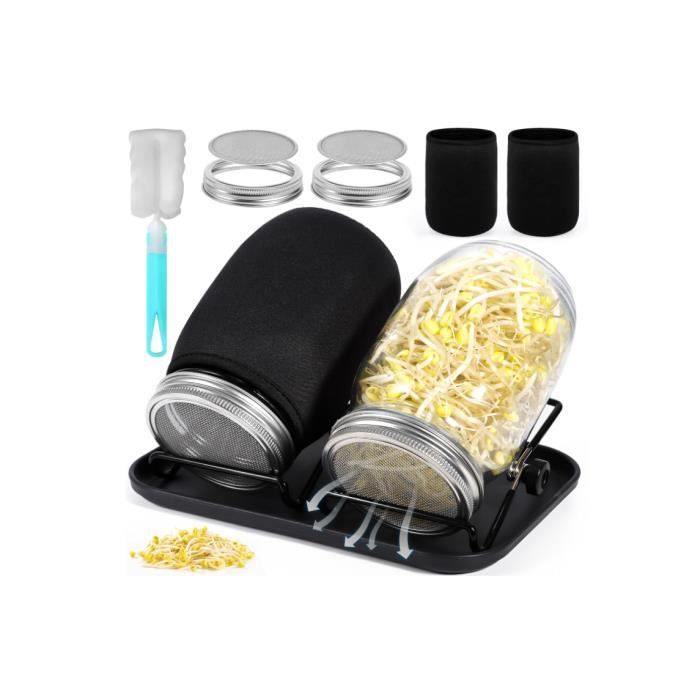 Kit Germination Graines - 2 Bocaux En Verre + Couvercles Inox + Support + Plateau - Faire Pousses Soja, Luzerne, Lentilles Maison