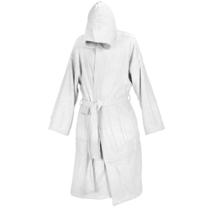 Peignoir de bain blanc avec capuche et deux poches en coton une