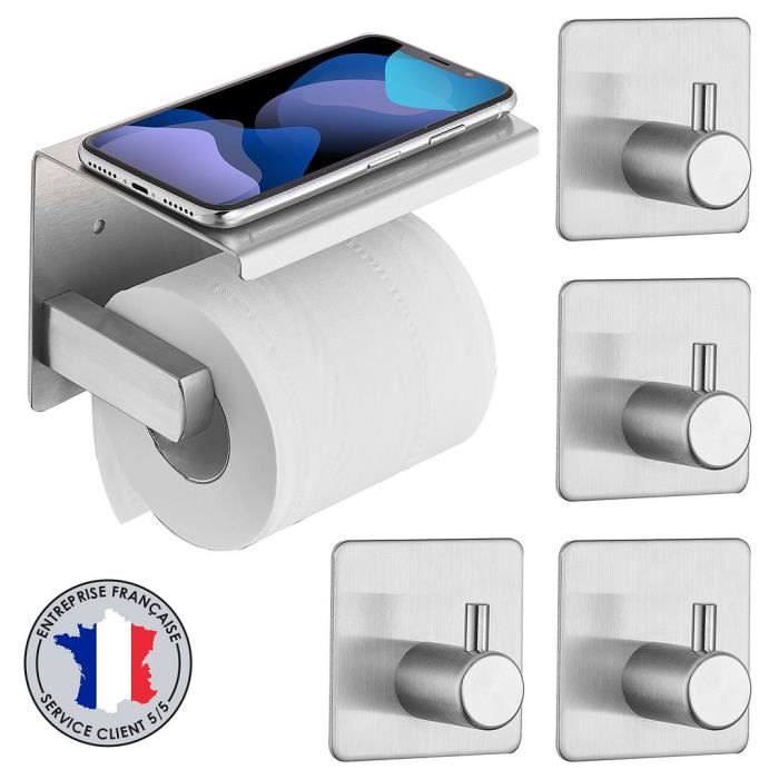 Porte Rouleau Papier WC Auto-Adhésif Distributeur avec Tablette Argent Inox 