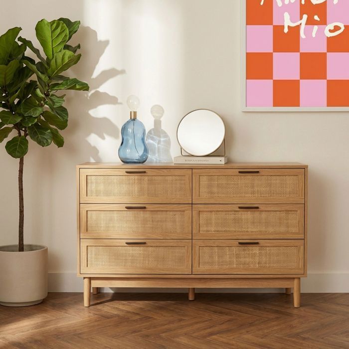 Commode AMANA effet chêne et cannage rotin 6 tiroirs Commode AMANA effet chêne et cannage rotin 6 tiroirs