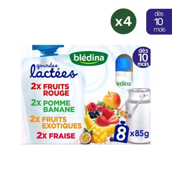 Purées Fruits Blédina Pomme Abricot Banane - 16 Gourdes 85g - Dès 10 Mois - Sans Sucre Ajouté