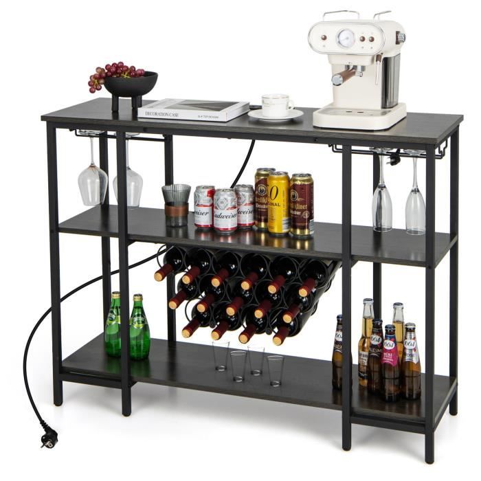 costway casier étagère à vin pour 15 bouteilles - station de charge intégrée, porte-verres - porte-bouteille industriel - gris