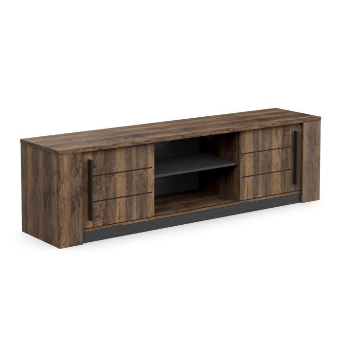 Meuble TV MONACO - 2 portes coulissantes + 3 étagères - Décor bois oak et noir - L184.5 x P42.3 x H5