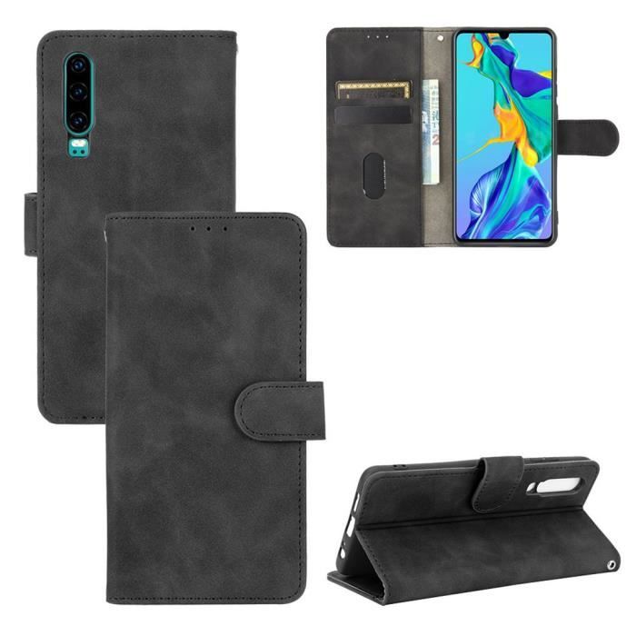 Etui à rabat PU Cuir pour Huawei P30 (6.1) Mode Couleur unie Lisse Housse Flip Support Pochette Noir