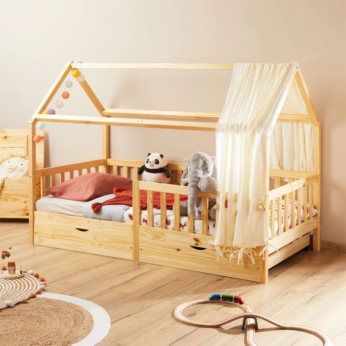 Lit cabane NUNA avec tiroirs, 90 x 200 cm en pin massif finition naturelle