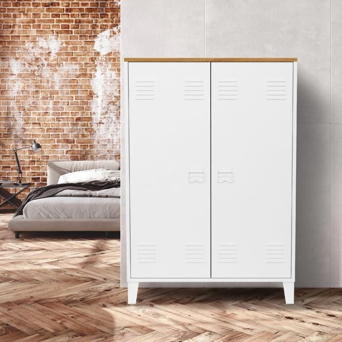 IDMARKET Armoire basse ESTER 2 portes métal blanc et plateau bois design industriel IDMARKET Armoire basse ESTER 2 portes métal blanc et plateau bois design industriel