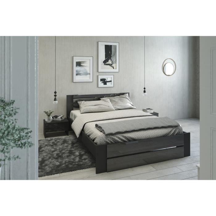 Eden Ensemble Chambre Lit 140x190 Cm 2 Chevets Noir Brillant L