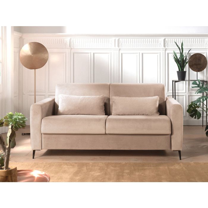Canap&eacute; droit convertible 3 places Velours Beige