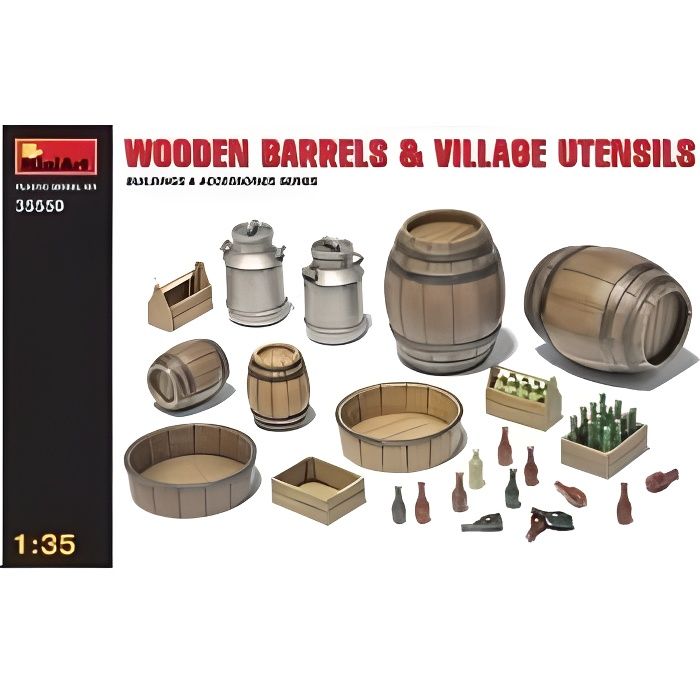 maquette tonneaux de bois et accessoires de ferme - miniart - 35550 - 1/35 - plastique