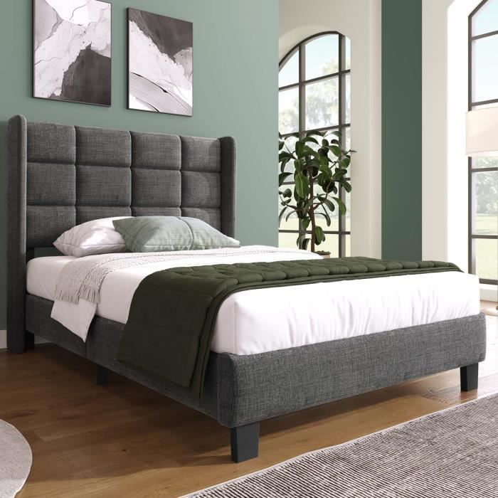Lit adulte 90x200cm en tissu de lin Cadre de lit avec sommier à lattes et tête de lit rembourrée Gris Lit adulte 90x200cm en tissu de lin Cadre de lit avec sommier à lattes et tête de lit rembourrée Gris