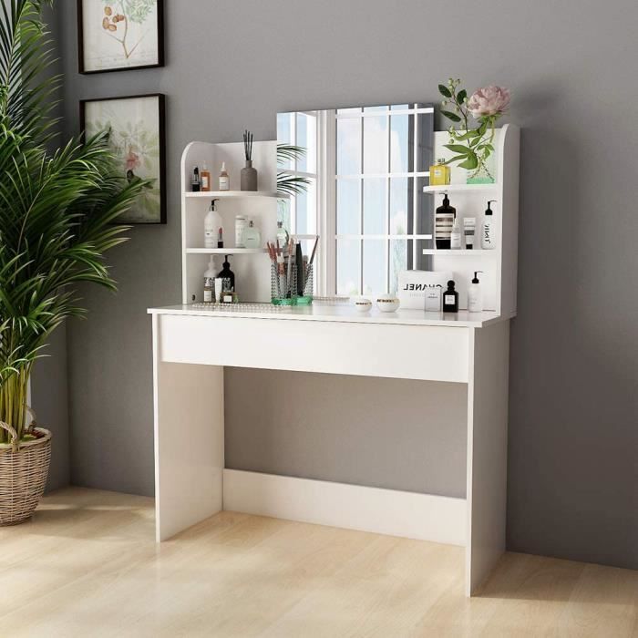 Coiffeuse Avec Miroir Et Tabouret Moderne Grand Tiroir 6 Etageres 108x40x142cm Blanc Mondeer Achat Vente Coiffeuse Coiffeuse Avec Miroir Et Soldes Sur Cdiscount Des Le 20 Janvier Cdiscount