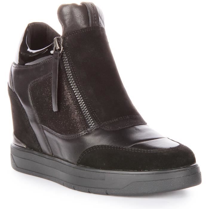 Baskets compensees en cuir Geox D Maurica A Noir Femme Fermeture eclair laterale Noir Cdiscount Chaussures