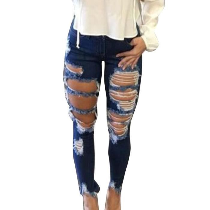 Femme Destroy Troue Pantalons Jeans Dechires Troue a Taille Haute en Denim Comme image S Comme image Cdiscount Pret a Porter