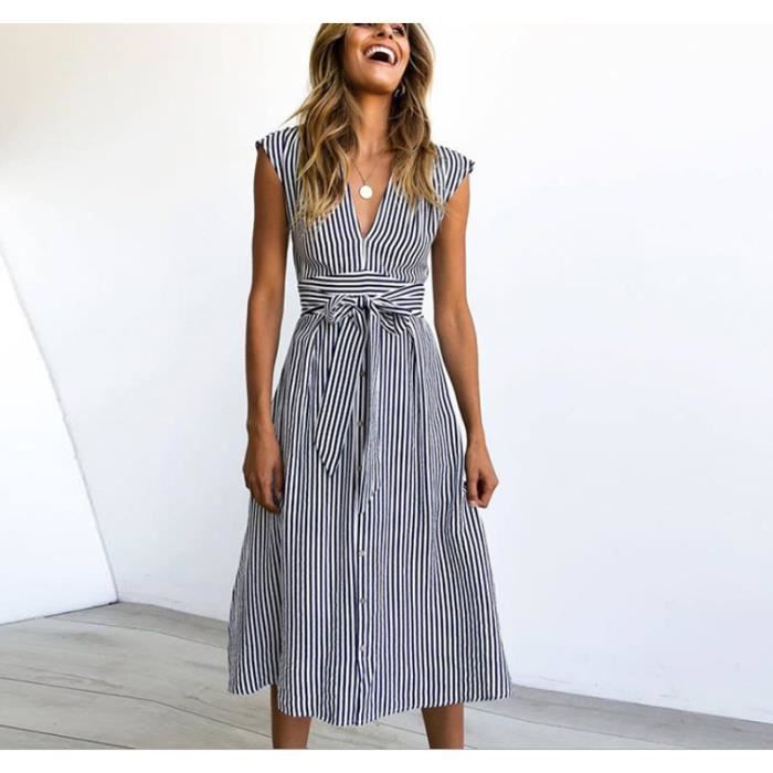 Robe longue unie Bleu femme ete chic Robe a rayures Col V Manches courtes Robe fille pas cher Bleu Cdiscount Pret a Porter