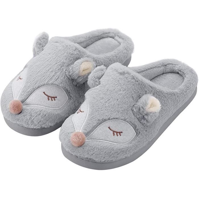 Chaussons en Peluche Renard Femmes Pantoufles Gris Taille