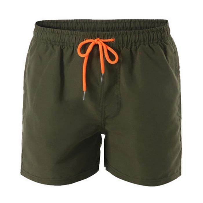 Short de Bain Homme - Vert Militaire - Taille Élastiquée - Séchage Rapide - Couleur Unie