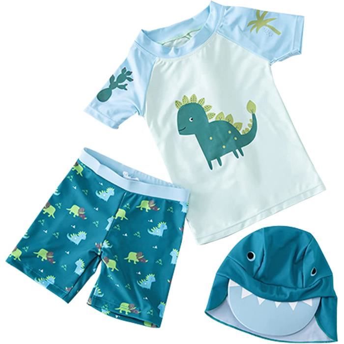 Maillot de Bain Garçon - Dinosaure Bleu - T-Shirt Manches Courtes - Chapeau Anti-UV - Séchage Rapide