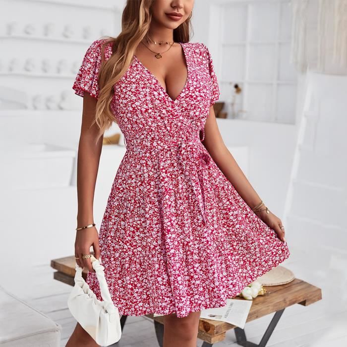 Robe D'été Mi-Longue À Fleurs Style Boho Pour Femme Tenue De Plage Col En V