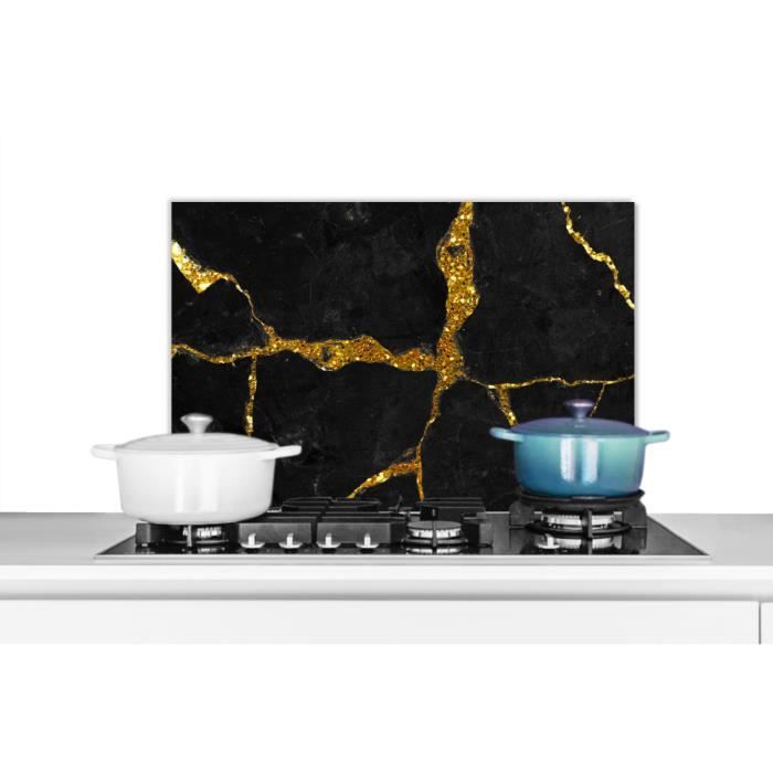 Crédence De Cuisine En Aluminium - Motif Marbre Noir Et Or - 70x50 Cm, Résistante à La Chaleur - 4